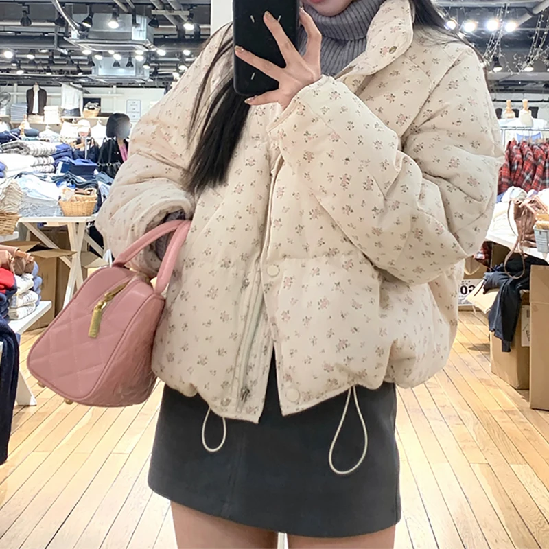 HELIAR Cappotto da donna in cotone caldo dolce stampato floreale Collo a lupetto Addensare Giacca imbottita in cotone a maniche lunghe Giacca casual da donna allentata