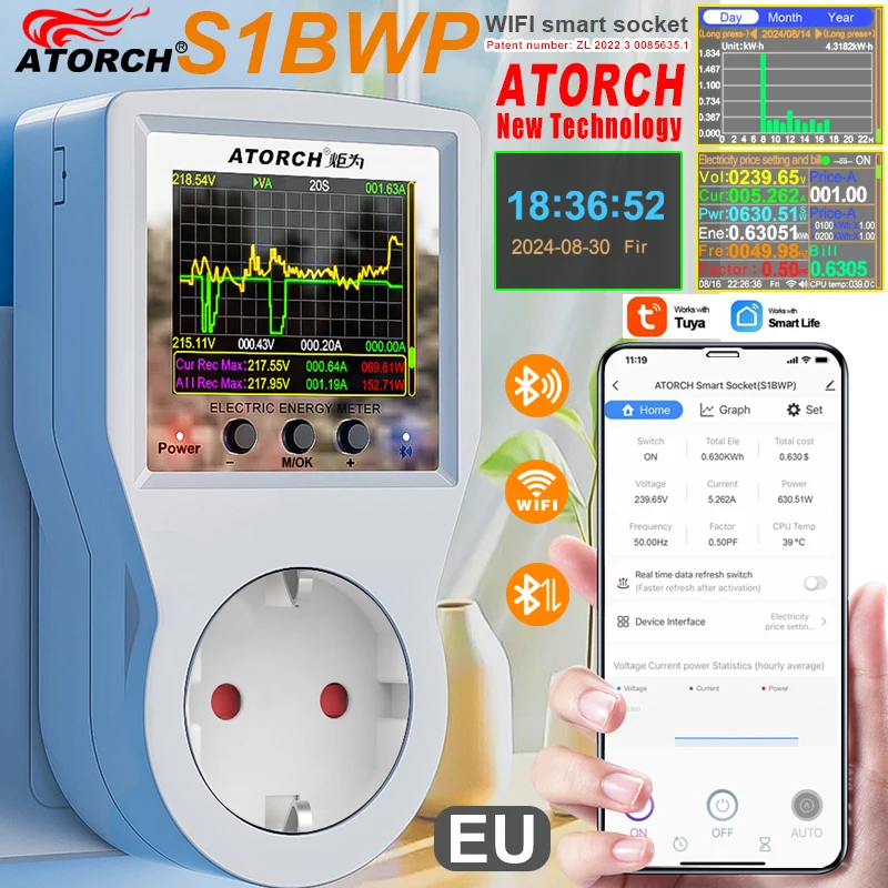 Tuya Wifi Inteligente Tomada da ue Voltímetro Amperímetro Medidor de Energia Curva Eletricidade Conta Analisador de Consumo de Energia Monitor Ac85265v 16a