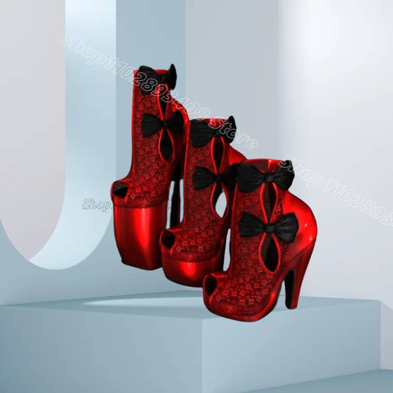 

Red Bowknot Lace Platform Boots Back Zipper Peep Toe Party Dress British Style Spring Women Short Boots 2025 Zapatos Para Mujere