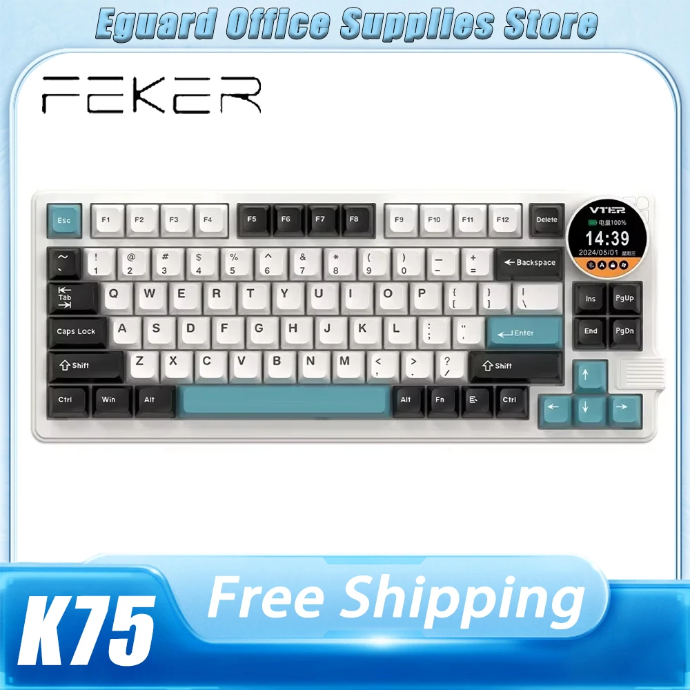 Feker K75 Mechanical Keyboard Three Mode 2.4G Bluetooth Wireless Gaming Keyboard With Knob Screen RGB PBT PC Gamer Keyboard Gift