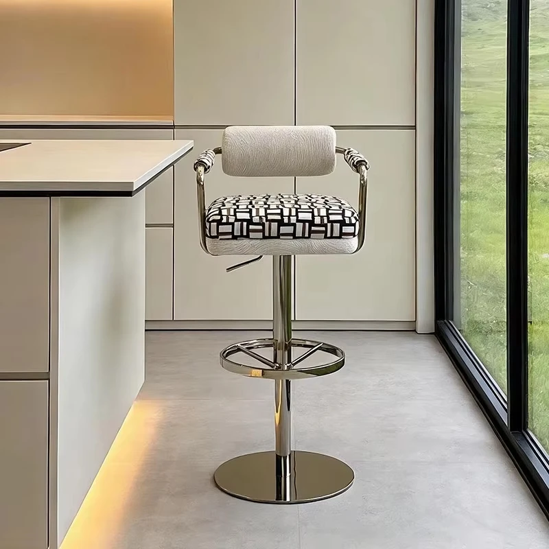 Modern simple fabric rotating bar stool armrest metal frame black and white geometric pattern