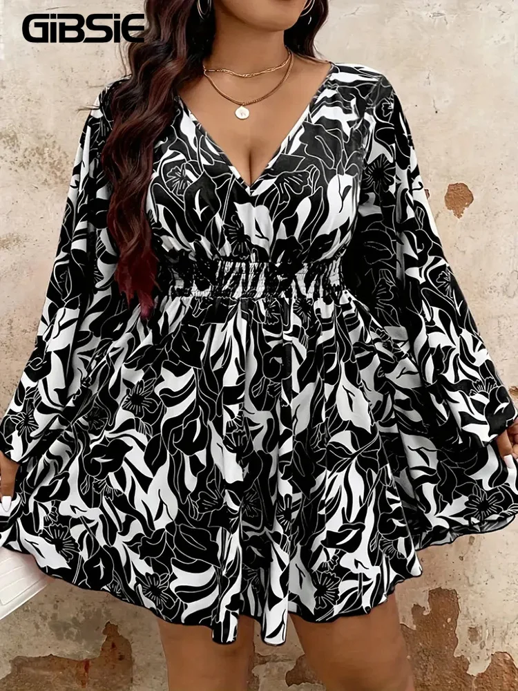 

GIBSIE Plus Size Women's Dress V-Neck Printing Casual Short Dress 2025 Spring Fall Long Sleeve Elastic Waist A-Line Dresses