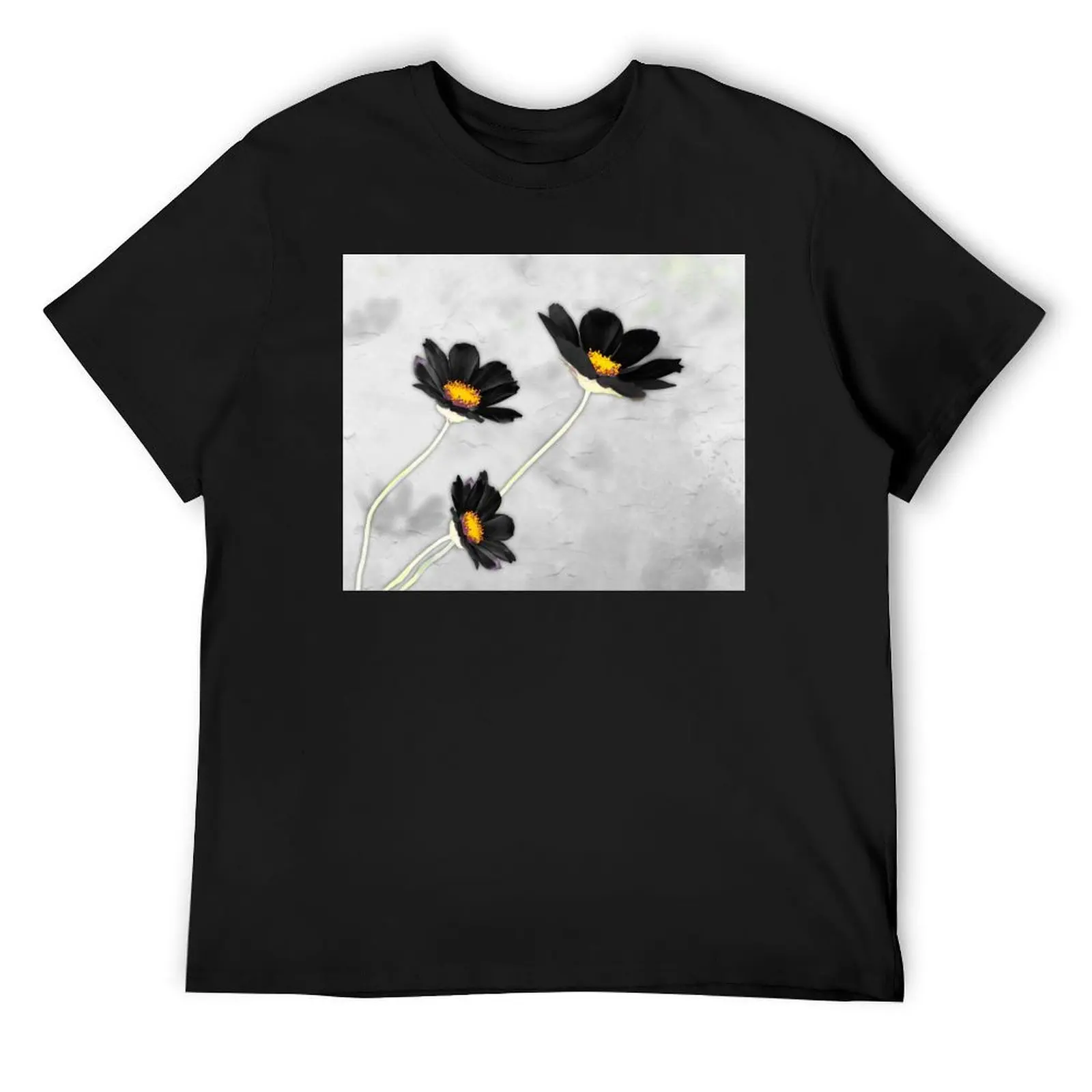 

Black Cosmos Flower Art On Soft Gray T-Shirt