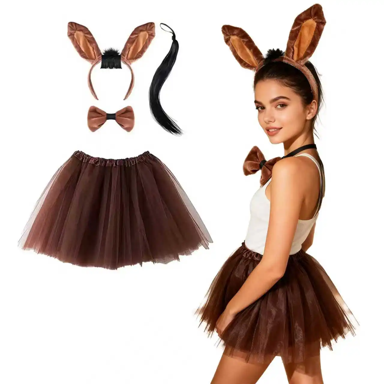 

PESENAR Halloween Deer Cosplay Reindeer Costume Deer Antlers Headband Tail Nose Tutu Skirt Socks for Cosplay Party