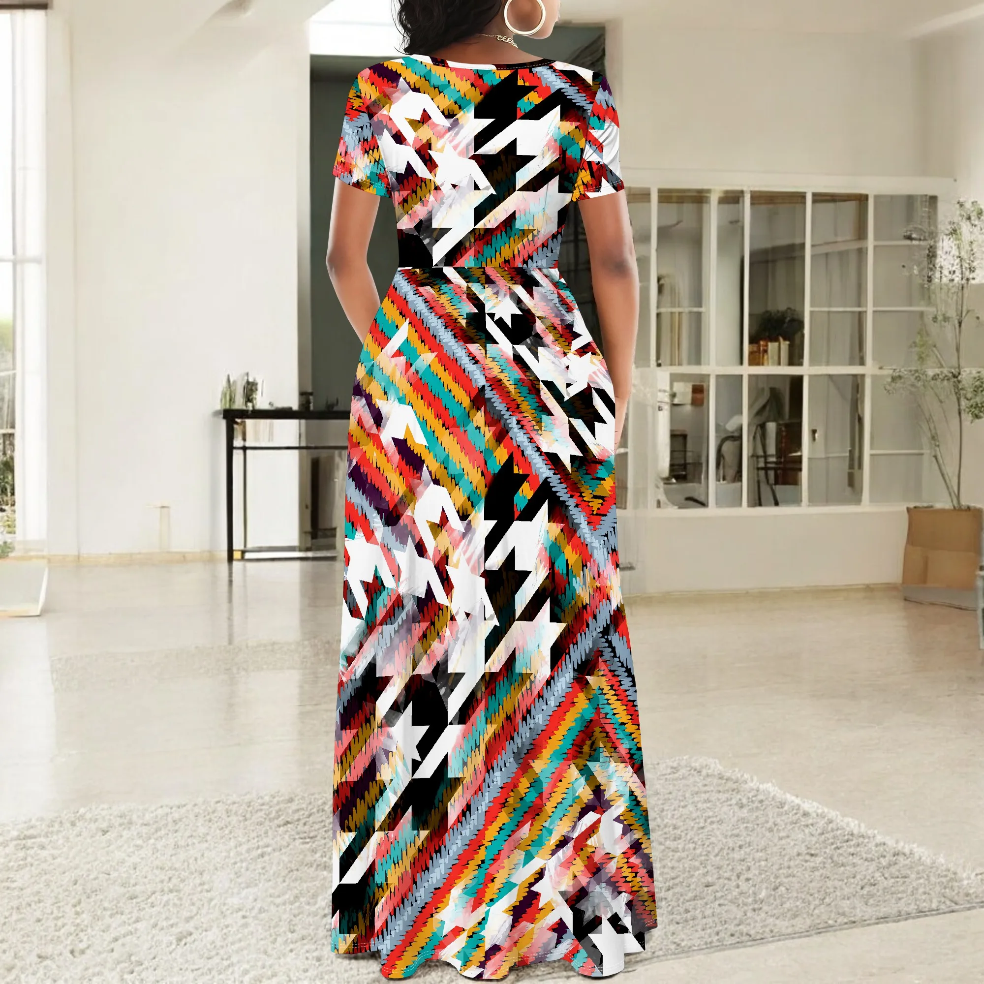 ผู้หญิงแขนสั้นเซ็กซี่คอหลวม Boho ชุดยาวแฟชั่นพิมพ์แยก Hem Club Party สบายๆชุด Maxi