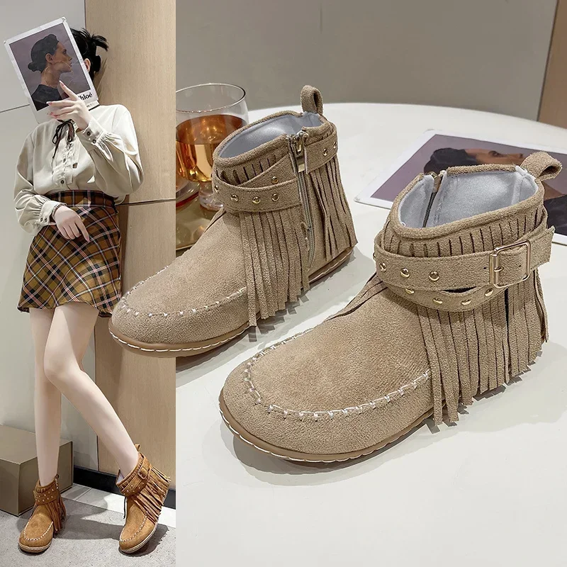 Bohemian Style Tassels Ankle Boots Women Retro Faux Suede Buckle Strap Short Boots Woman Plus Size 43 Flat Heels Western Botas