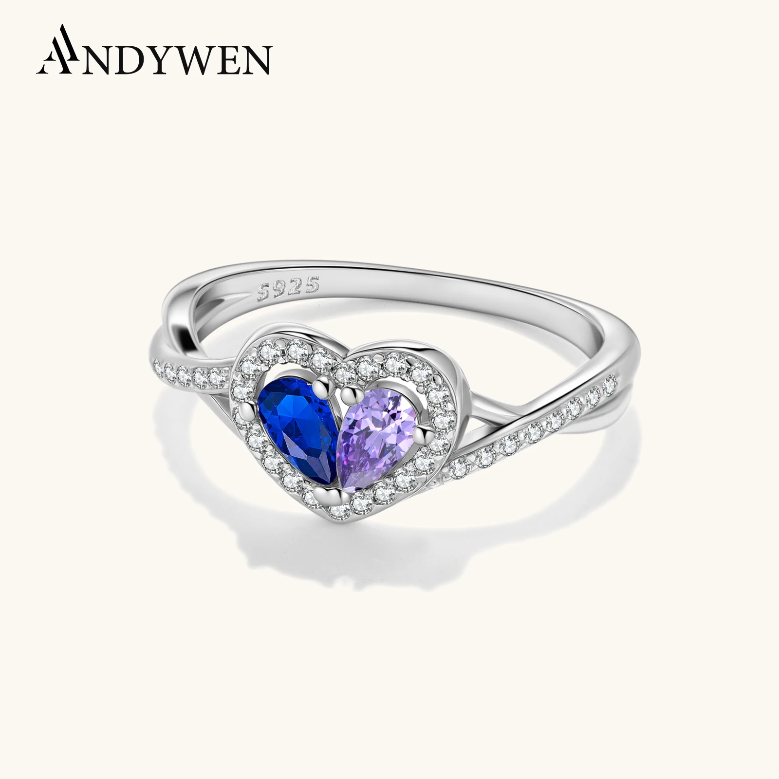 

ANDYWEN 925 Sterling Silver Heart - Shaped Blue Purple Zircon CZ Ring Romantic Luxury Wedding Anniversary Gift for Women
