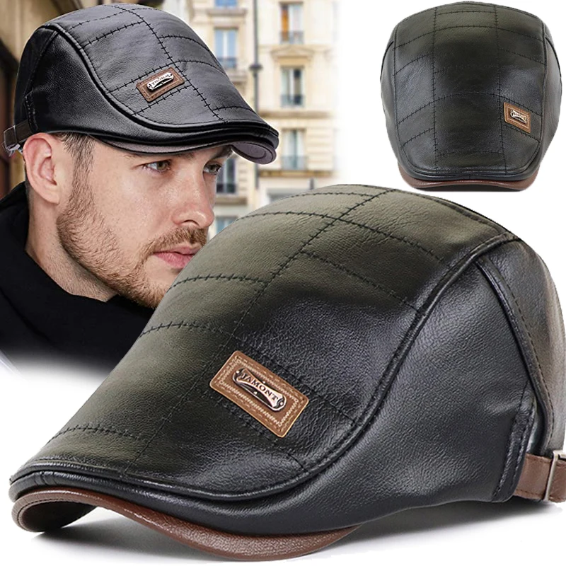 Men Fashion Retro PU Leather Beret Hats Spring Summer England Beret Hat Middle-aged Men\'s Visor Warm Flat Peaked Cap Adjustable