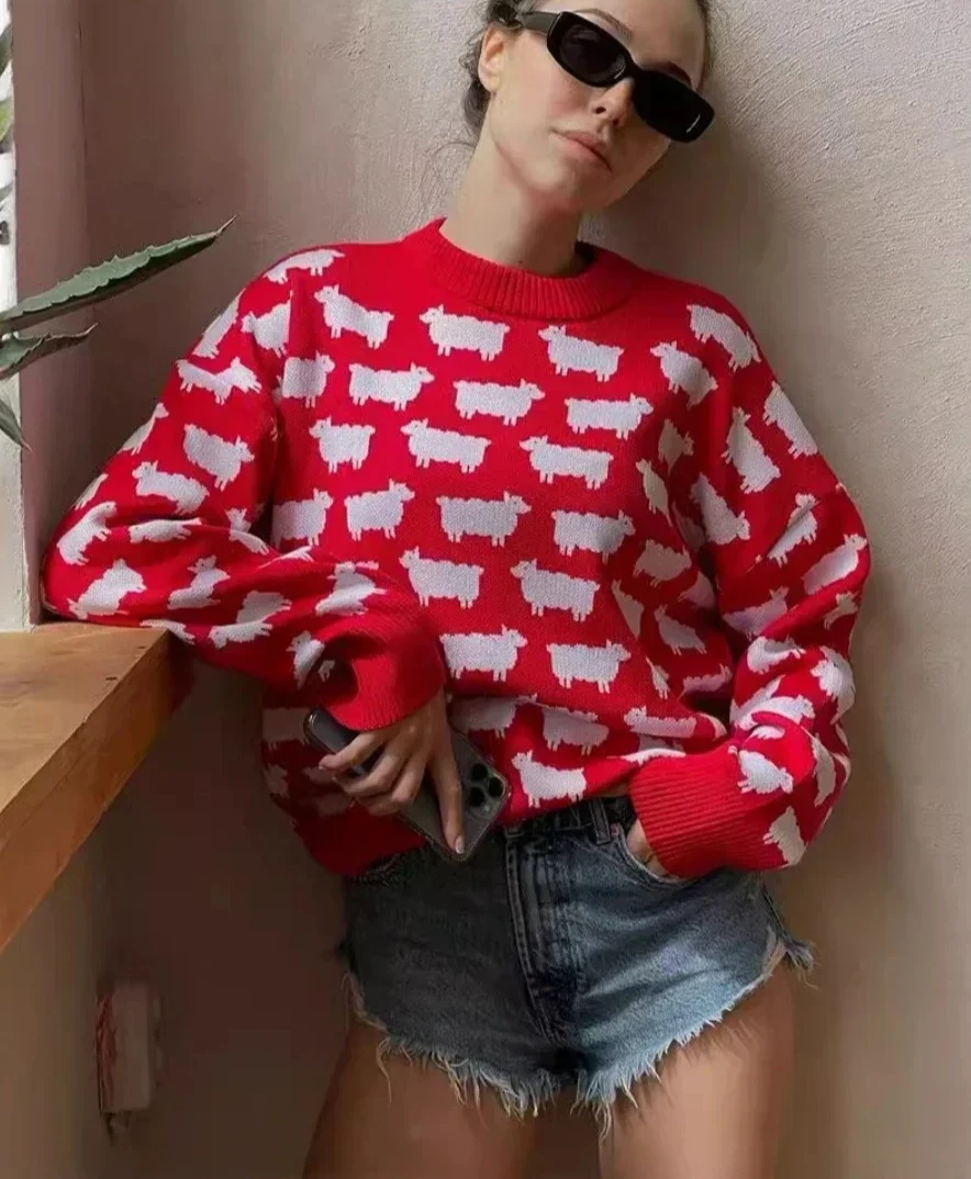 

Свитер с принтом альпаки, женский свободный повседневный свитер средней длины в стиле ретро, осень-зима, новый теплый пуловер, топ