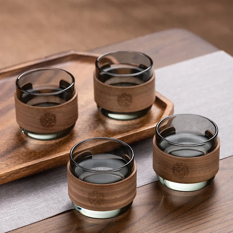 Japanese Style Heat-resistant Glass Tea Cup with Scald Proof Wooden Holder Kungfu Tea Set Master Cup Household Coffee Mug