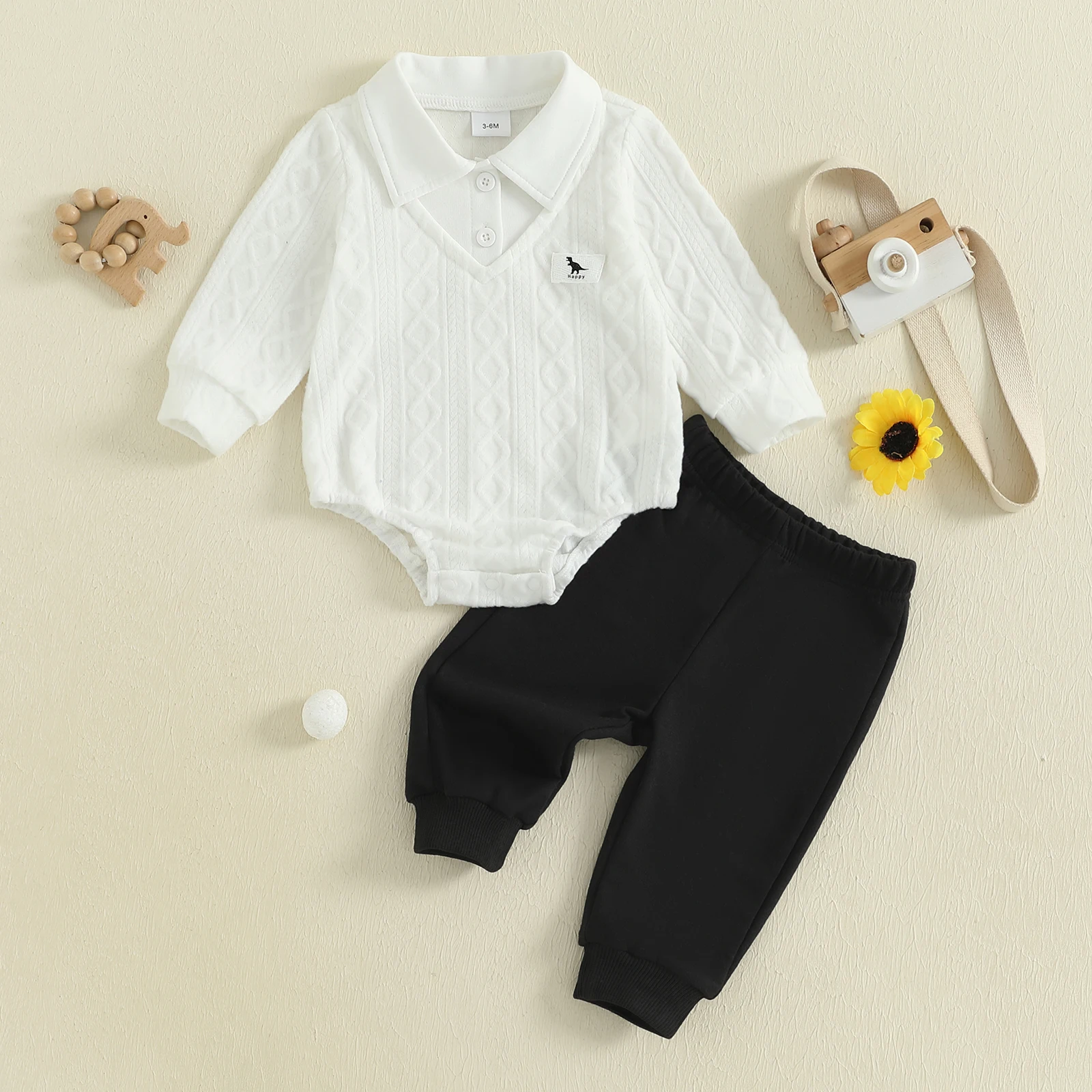 New Baby Boys Pants Set Long Sleeve Dinosaur Patchwork Romper with Pants Fall Winter Outfit Set
