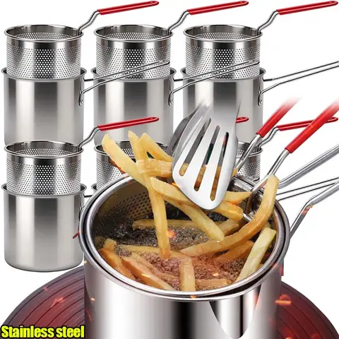 Multi Function Small Frying Pan 304 Stainless Steel Deep Fryer Set Oil Filtering Pan Heat Resistant Handle Kitchen Home Cooking