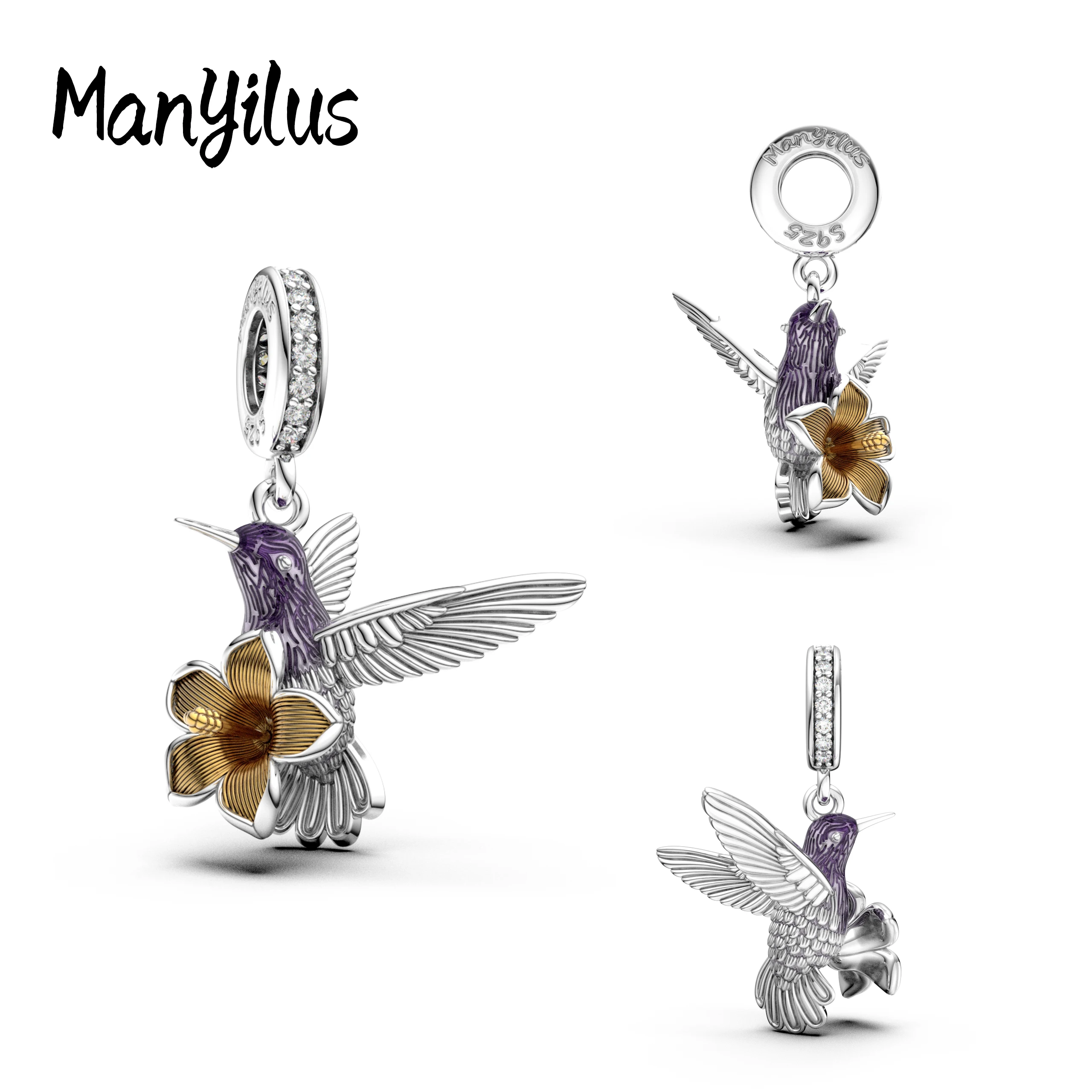 Подвеска Manyilus из стерлингового серебра 925 пробы с изображением колибри и цветка для оригинального браслета и ожерелья, украшенная кубическим цирконием, в качестве подарка.