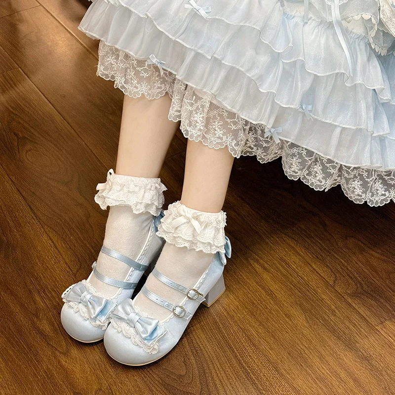 Redondo frey salto médio cetim bonito japonês cabeça redonda sapatos japonês doce menina chá festa lolita sapatos