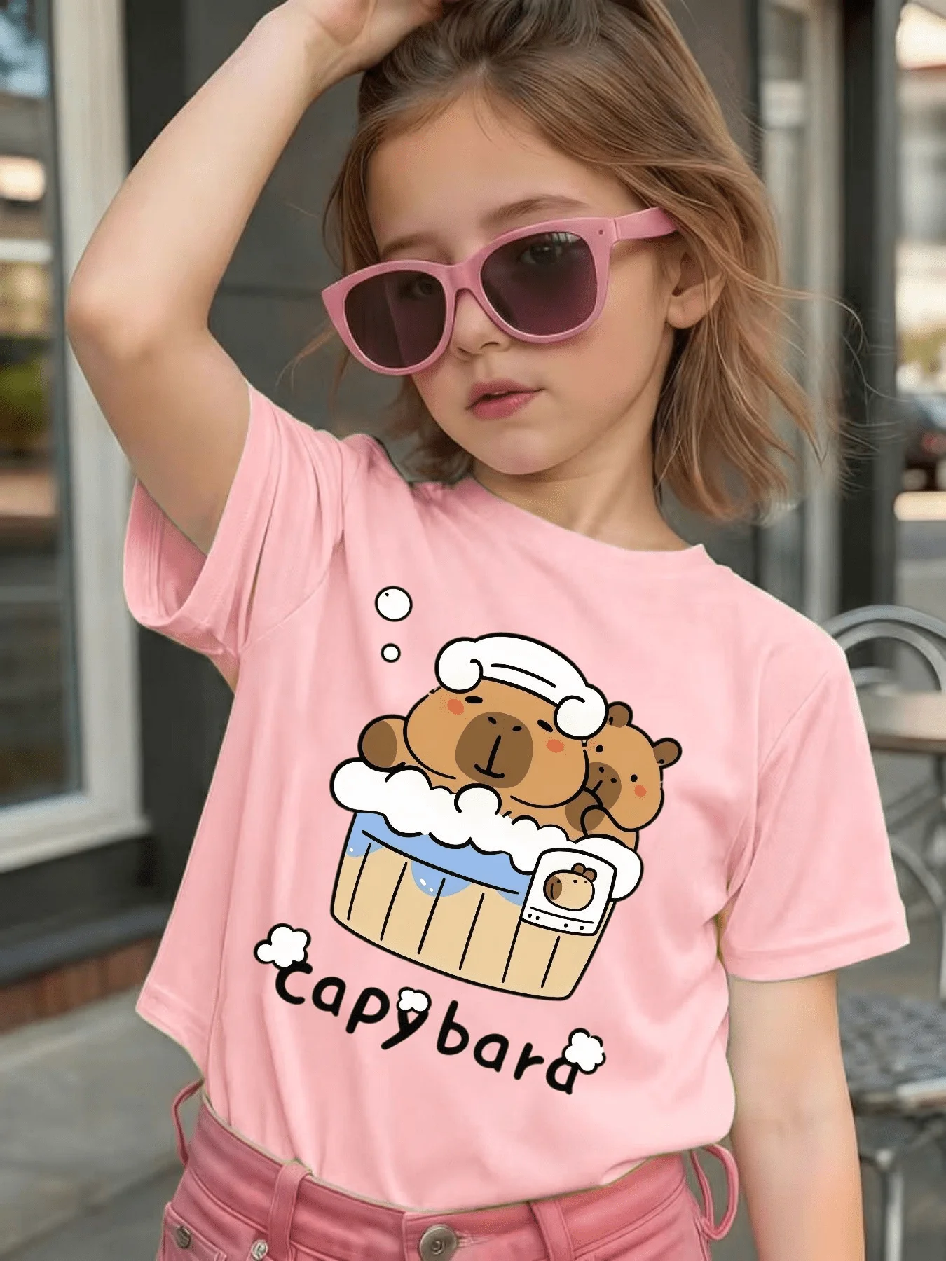 Cute Bathing Capybara Letter Cartoon Graphic Kids Tee Boys Girls Family Matching Cotton Crew Neck Short Sleeve Soft Summer Tee