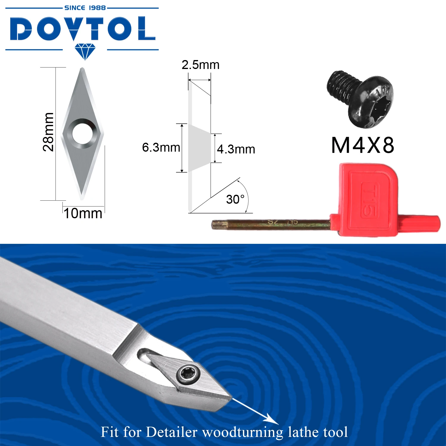 Negative Rake Angle Ci4 Diamond Carbide Replacement Cutter Inserts with Radius Point fit for DIY Wood Turning Detailer 5pcs