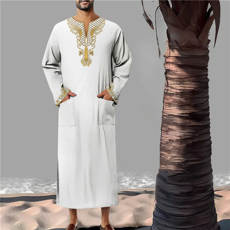 New Muslim Men's Long Sleeved Robe With Arabic Embroidery V-neck Design Loose And Breathable Color Blocked Robe