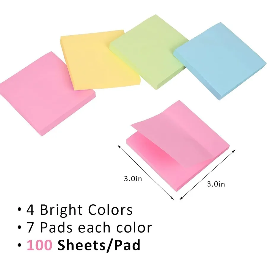 Sticky Notes 3x3 Inches Bulk 28 Pack 2800 Sheets Colored SelfStick Pads 100 Sheets Pad with 4 Bright Colors Yellow Green Pink B