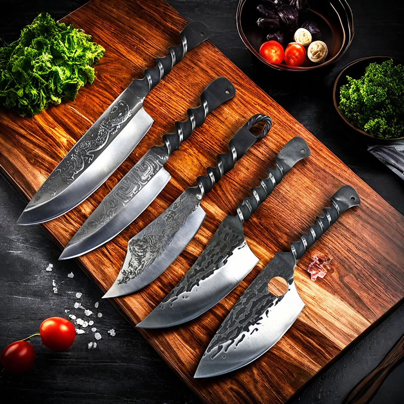 Forged Kitchen Meat Cleaver High-Carbon Steel Chef Knife Full Tang Butcher Knife Slicing Boning Peeling Paring Cutting Tools