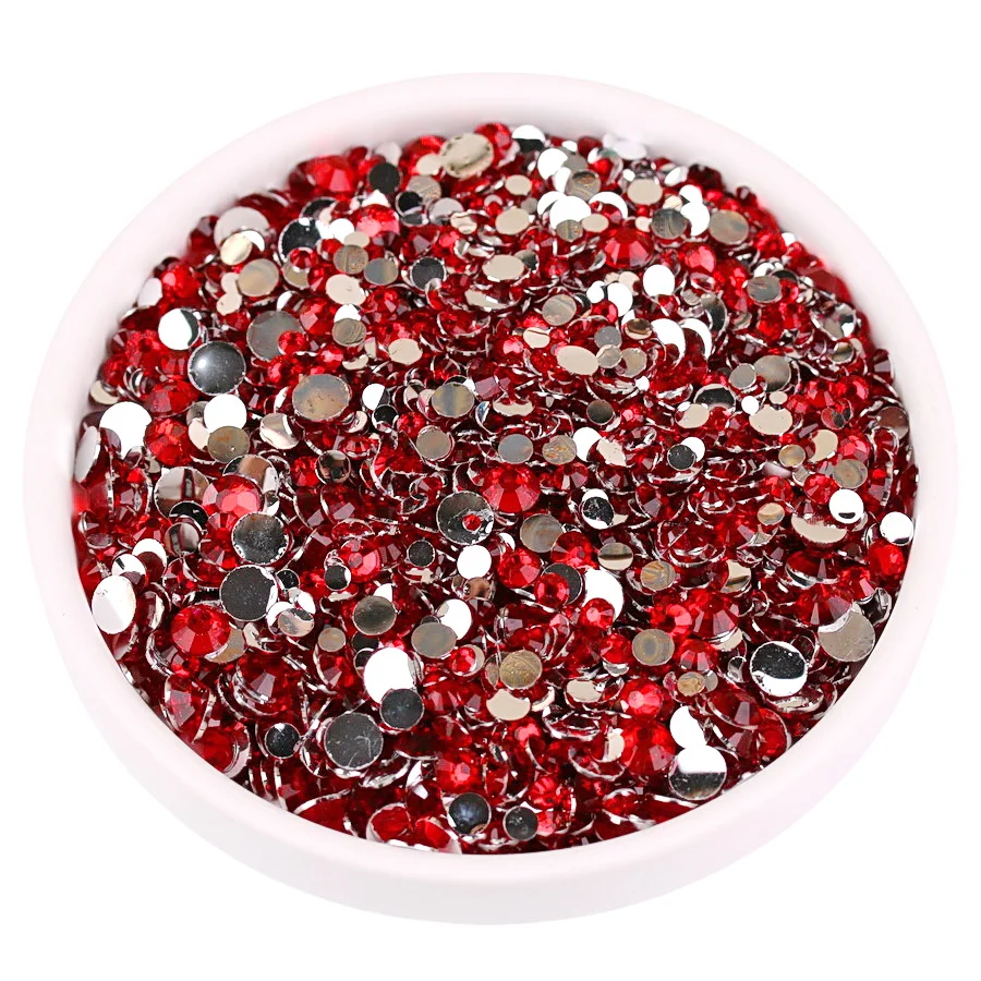 2mm-6mm,5 Sizes, Red Color Round Non Hotfix Glitter Bling Silver Flatback Rhinestones Glue On Beads Nailart Nail Gems Diy