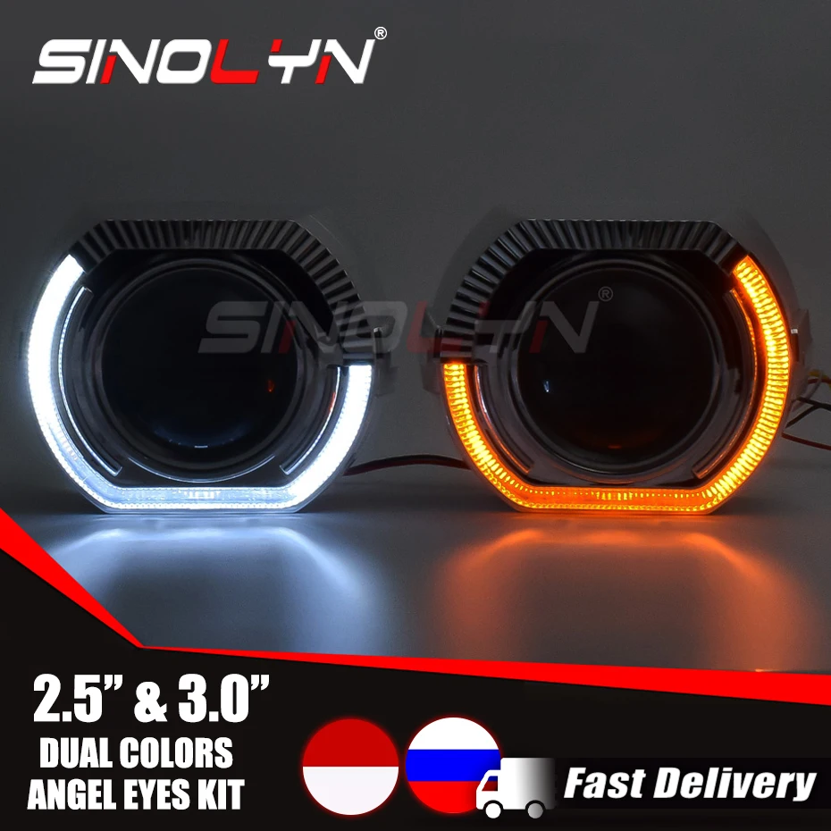 Sinolyn 2.5/3.0 Inch Angel Eyes Bi Xenon Projector Lenses For Headlights H7 H4 LED Turn Signal Lights Car Lights Car Accessories