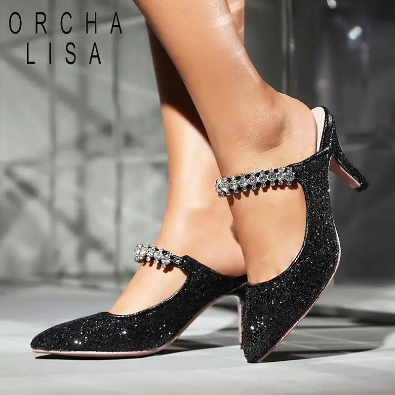 

Женские блестящие туфли ORCHA LISA Gold с острым носком, на тонком каблуке 8 см, с кристаллами, большие размеры 46, 47, 48, сексуальные повседневные туфли ручной работы.
