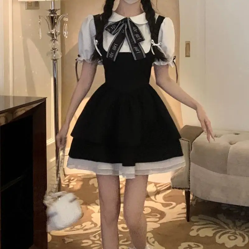 women's college style Korean  two-piece dress, women's summer waist cinched Japanese sweet doll collar small black dress