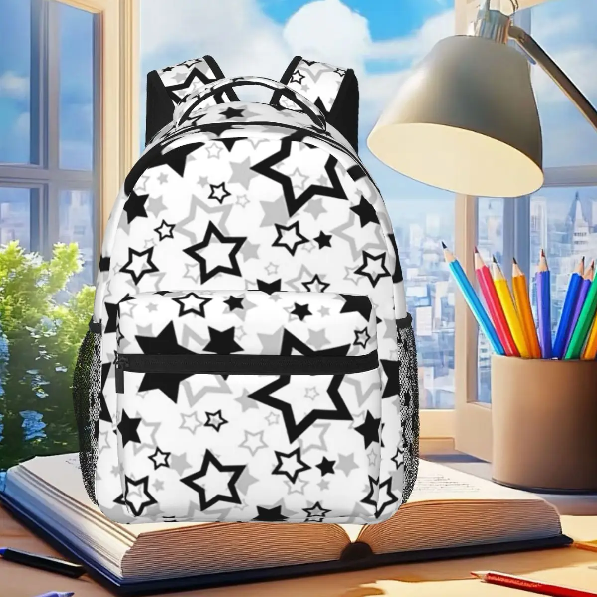 

Black And White Star Pattern Backpack Student Boys Girls BookBag Kids School Bag Laptop Shoulder Bags for Men Women
