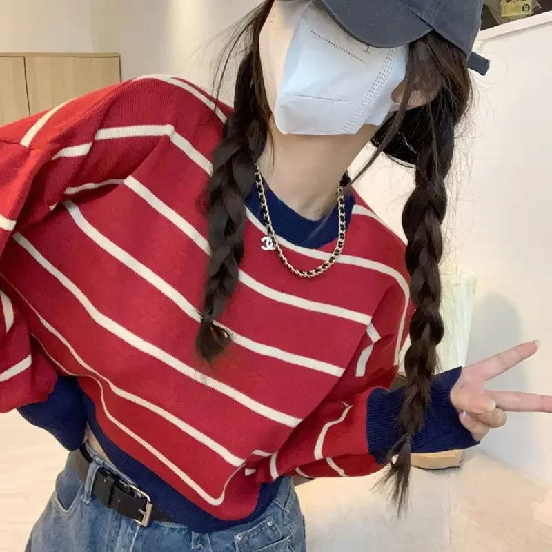 Knitted Top for Women Cute Red Striped Pullovers Ladies Sweaters Kawaii Harajuku Fashion Y2k Vintage Winter 2024 New Knitwear In