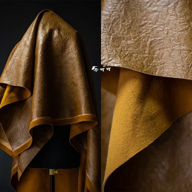 

Brown Yellow Wrinkles Firm Thick Leather Fabric for Fashion Coat Cloth Apparel Diy Sewing Per Meter Material