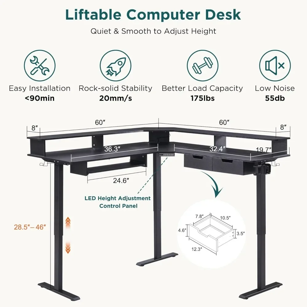 60 Inches L Shaped Electric Standing Desk, Height Adjustable Corner Gaming Desk with Drawers, Power Outlets & LED Lights