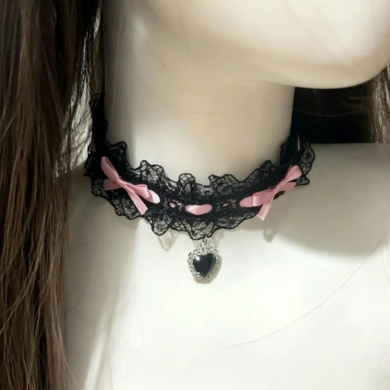 Bowknot Lace Heart Women Choker Collar Sweet Charms Pendants Necklace Dancing Jewelry Wedding Party Decor Cosplay Collar Chains