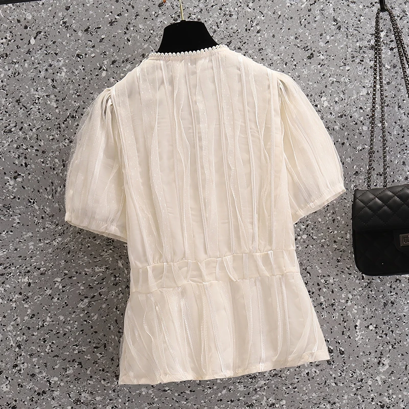 Plus Size Women clothing White Fashion Shirts 2022 New lace Pearl Blouses shirt V Neck Short Sleeve Chiffon Blouse Ladies Work