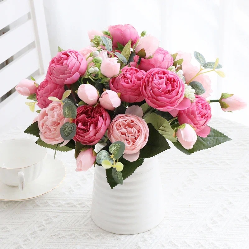 Flores artificiales de seda blanca para decoración del hogar, ramo grande de alta calidad, arreglo de flores falsas de lujo, a granel, para boda y