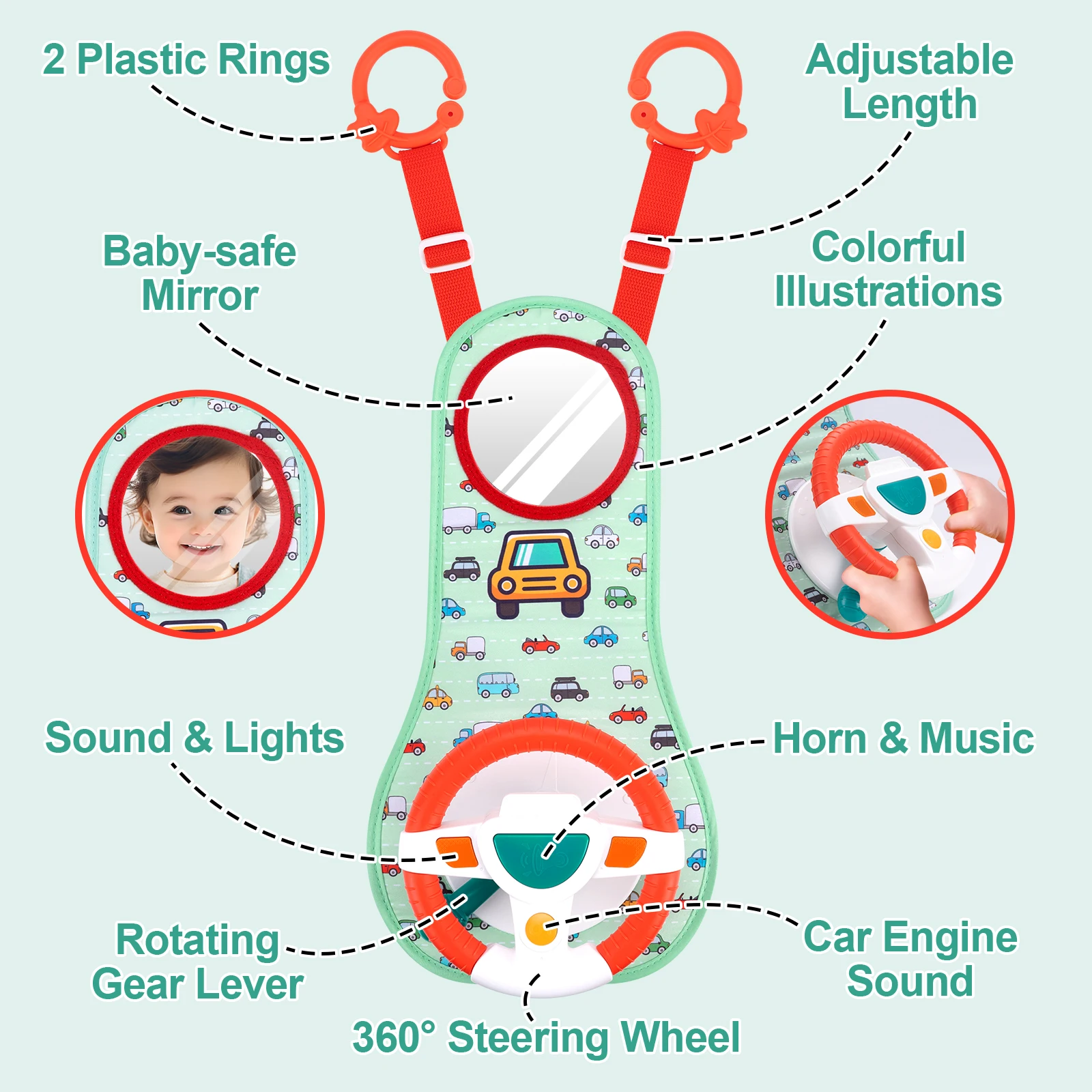 Baby Car Eletric Steering Wheel Toy with Music Baby Seat Copilot Toys Simulate Driving Car Hanging Toys for Todder 0-12M Gifts