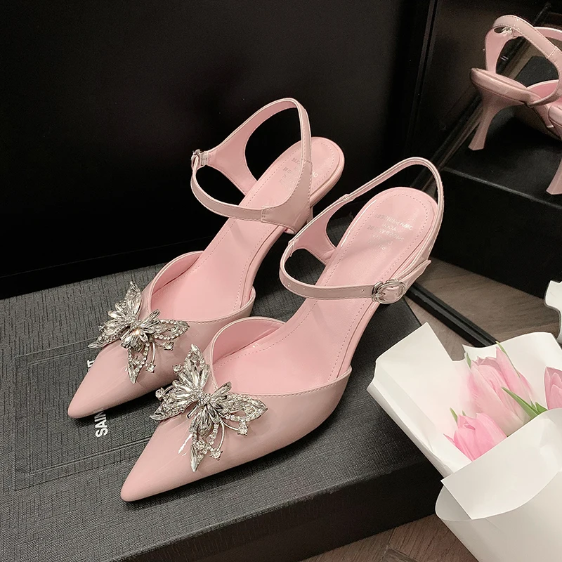 

Gorgeous Luxurious Pointed Rhinestone Bow High Heel Sandals New 7cm Slim Heel Heightened One Line Buckle Wrapped Women's Sandals