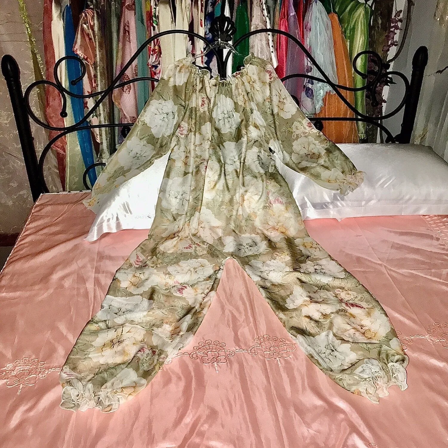 

Autumn Spring Mesh Jumpsuit Sexy Women Long Sleeve Sleeping Loose Cuffed Pants Beachwear