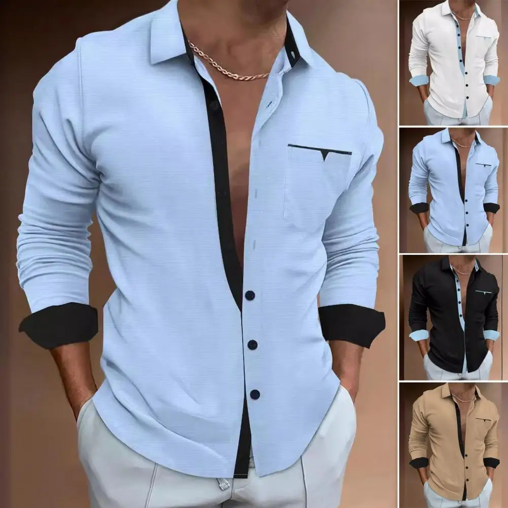 Men's Shirts Formal Button Up Shirt White Long Sleeve Color Block Stand Collar Spring Office Career Wedding Party Outfit Pocket