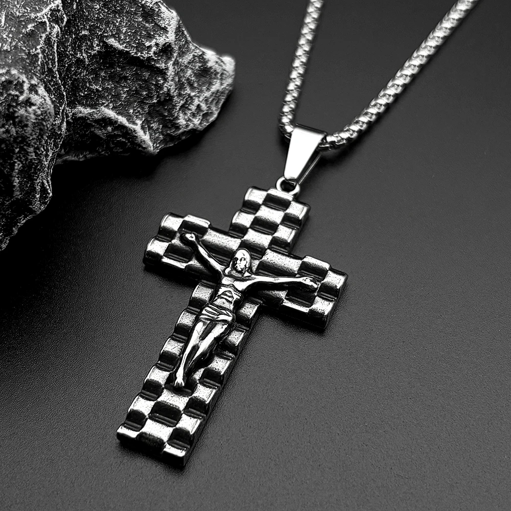 النمط الصناعي يسوع الصليب الدين قلادة قلادة للنساء الرجال الفولاذ المقاوم للصدأ الفضة اللون الشرير الذكور سلسلة تميمة المجوهرات #3