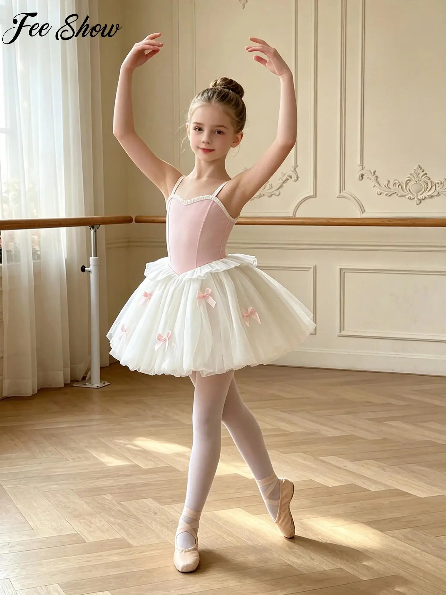 Kid Girls Color Block Tutu Ballet Dance Dress Adjustable Straps Bowknot Ruffles Bubble Dress for Dancing Party Stage Performance