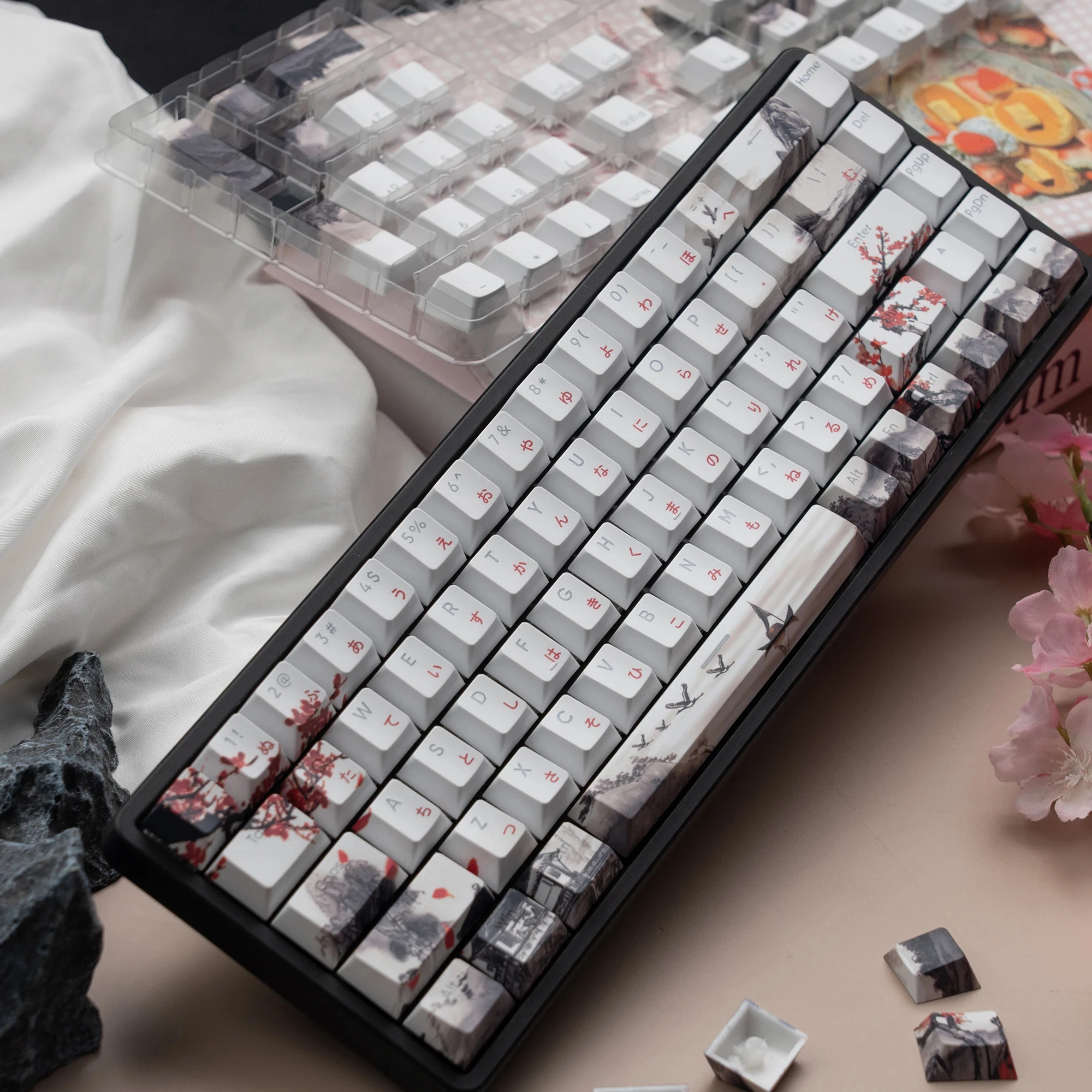 Landscape Plum Blossom Japanese RGB Backlit Keycaps 5 Sides Dye Sublimation PBT Keycaps Cherry Profile for MX Switch Keyboard