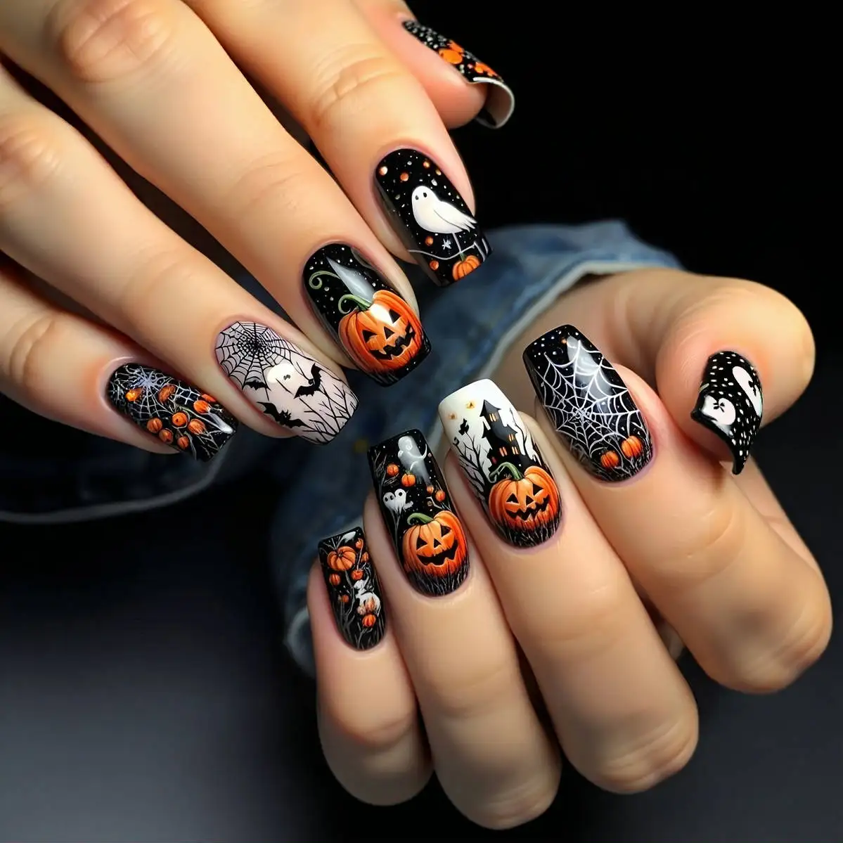 

24pcs Medium Rectangle Halloween Press On Nails Black Series with Spider Web Pumpkin and Bat Print Full Cover False Nails for Wo