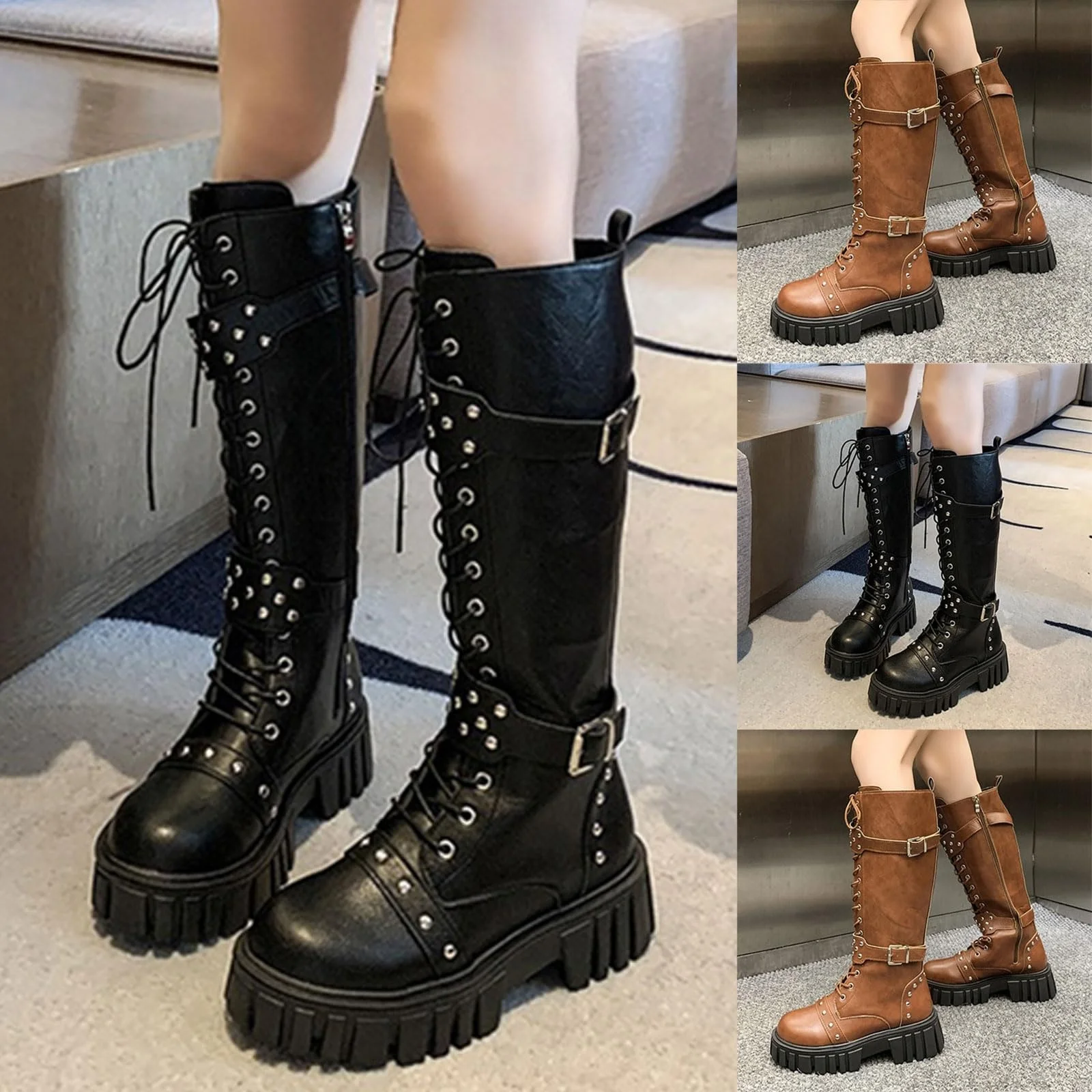 

Женские ботинки на платформе со шнуровкой и пряжкой в стиле ретро, длинные ботинки в стиле панк на массивном круглом носке, модные кожаные сапоги до колена на молнии сбоку