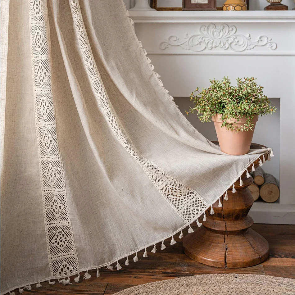 

Linen Blending Jute Lace Curtains Road Pocket Shade Curtain Tassel for Kitchen Bedroom Living Room Bay Window Cabinet Curtain