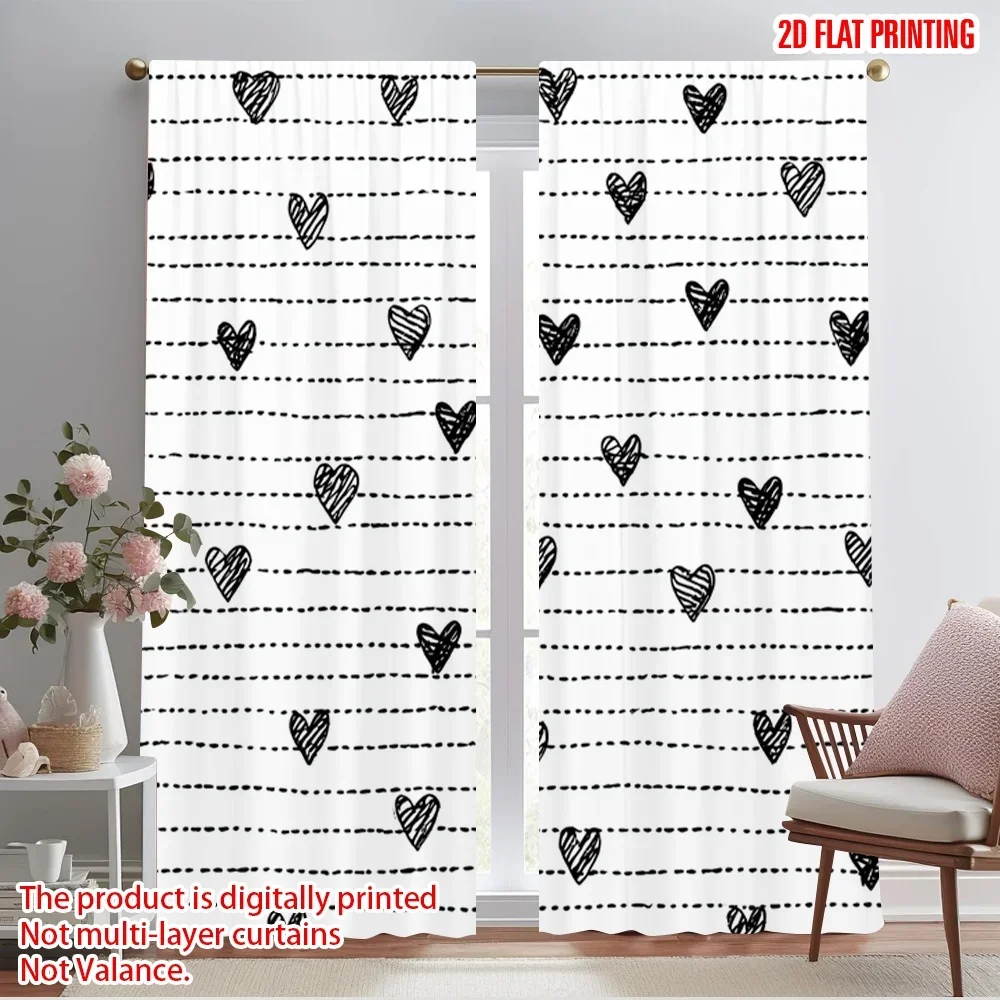 2pcs,2D plane printing Curtains Hearts on Wavy Lines Versatile Polyester (without rod) Festive Ldeal for Bedroom, Living Room,