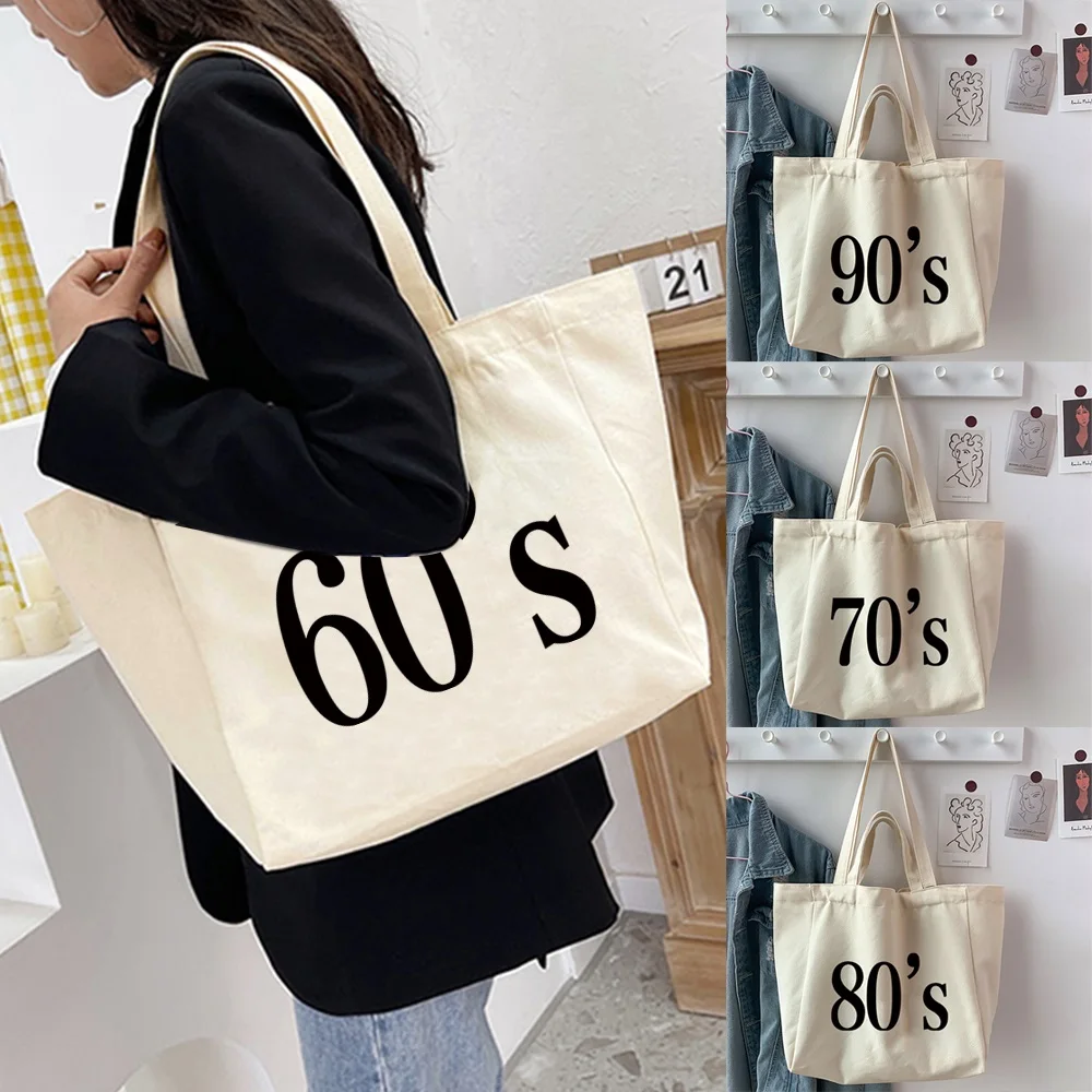 Ladies Shopping Handbags Casual Canvas Large Capacity Foldable 90s-60s Printed Shoulder Bags Shopping Organizer Tote Bags