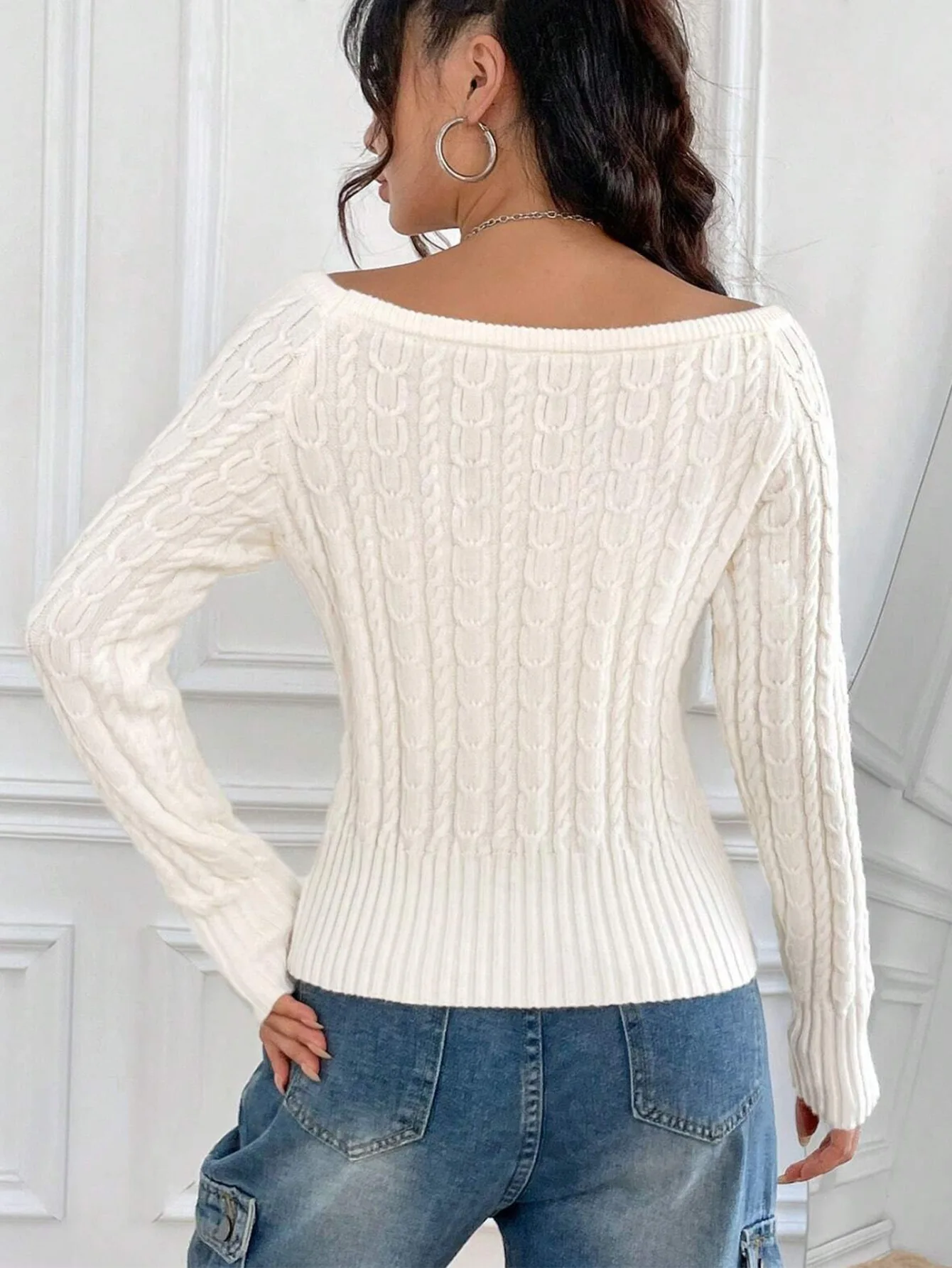 Women's Sweaters Plain Round Slash Neck Long Sleeve Casual Pullovers Autumn Winter Knitted Strapless Tops