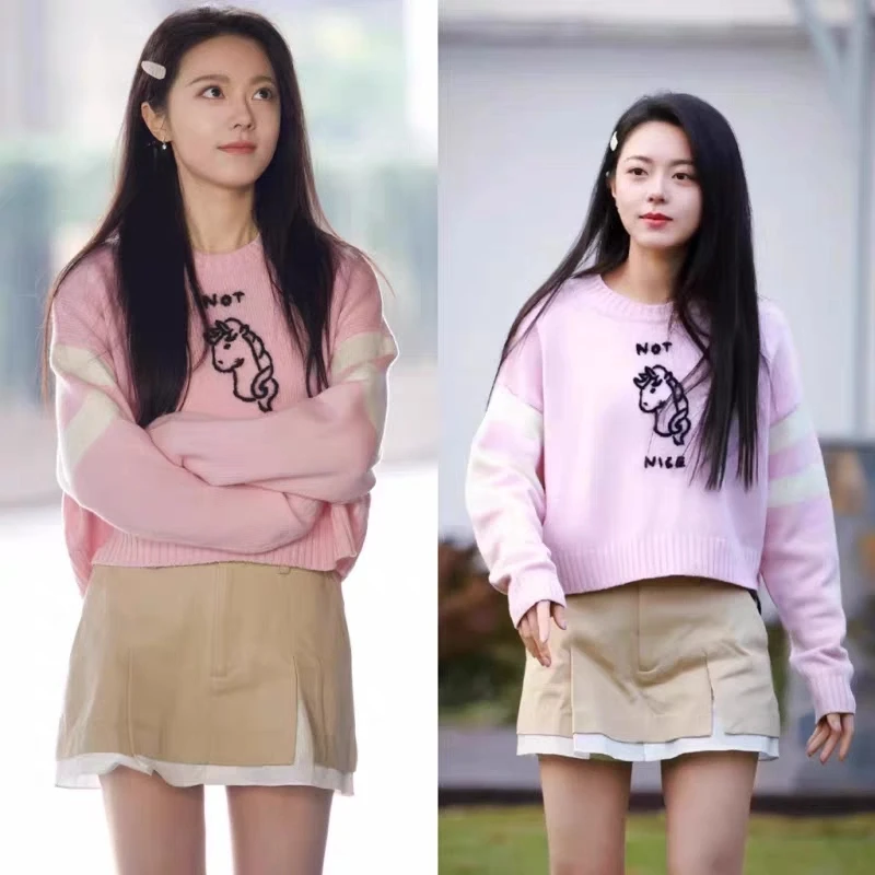 

Zhaoyang Siwo Zhao Jinxia Nie Xigang Pink Knitted Sweater Women's Spring Autumn New Year's Pattern Crochet Top