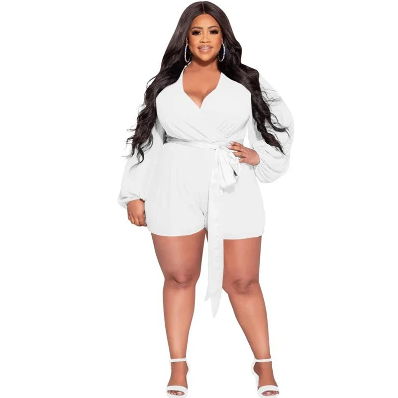 Summer Plus Size Women's Solid Chiffon Fashion Sexy Jumpsuit with Adjustable Belt Loose Romper Shorts Women Clothes 2024 4XL 5XL