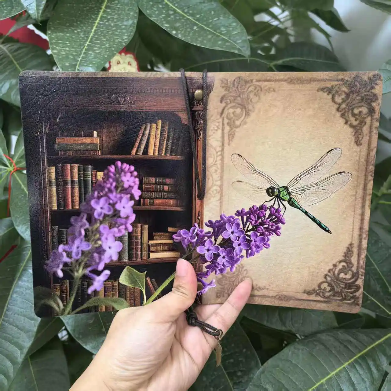 Vintage Library Dragonfly Leather Journal, Retro Lilac Flower Travel Notebook, Aesthetic String Closure Diary, Nature Book Lover